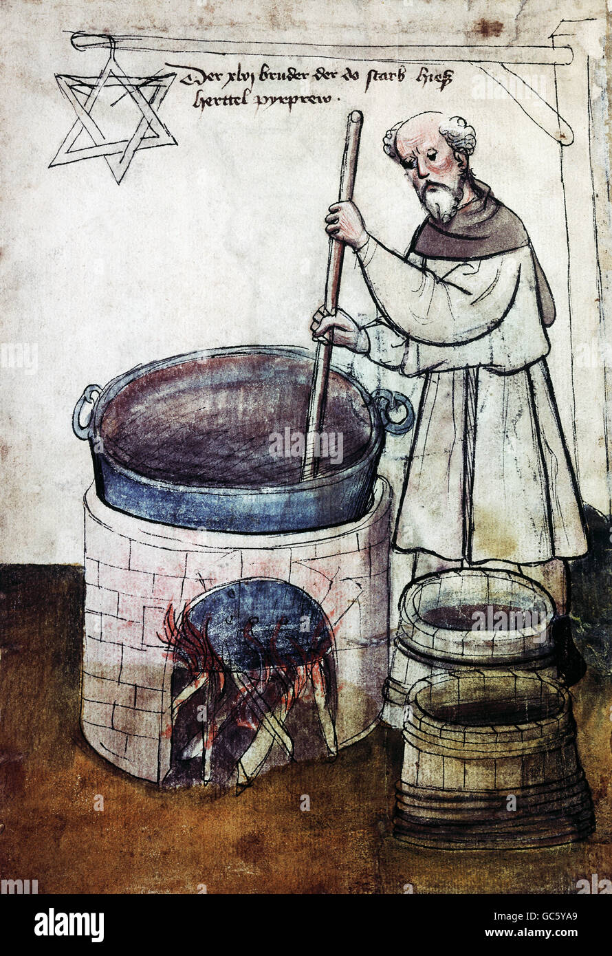 people, professions, brewer, monk brewing beer, miniature, circa 1400