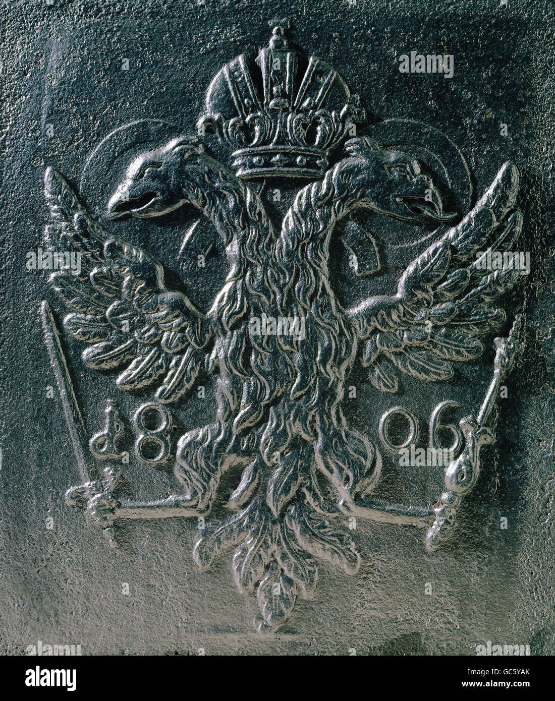 heraldry, coat of arms, Germany, Holy Roman Empire of the German Empire, imperial eagle, relief, cast iron, oven plate, ironworks of the former Archbishop, Obereichstaett, 1806, Additional-Rights-Clearences-Not Available Stock Photo