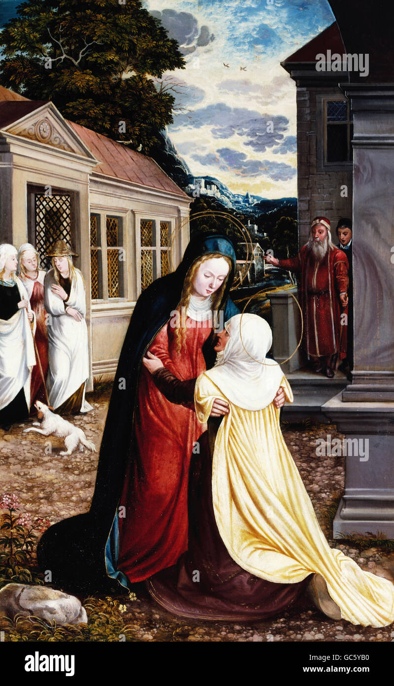 fine arts, religious art, Mary, Mary life (Visiting of Elisabeth), "The Visitation of the Virgin Mary", painting by Hans Mielich, circa 1572, oil on canvas, Ingolstadt, Bavaria, Stock Photo