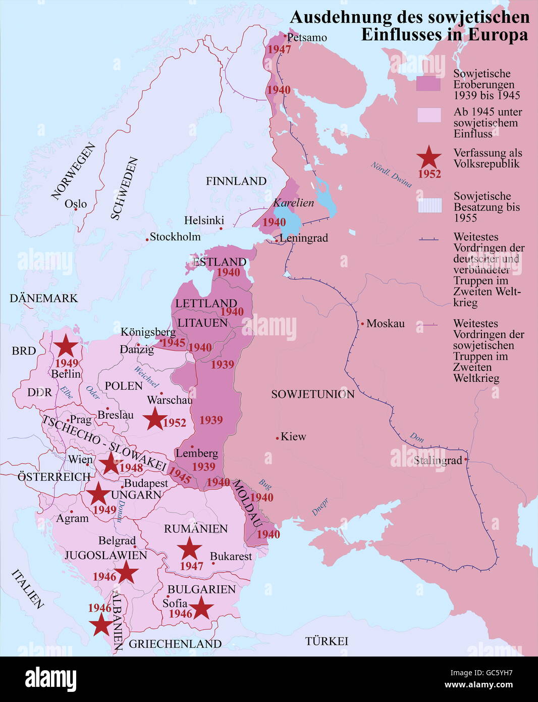 cartography, historical maps, modern times, expansion of the Soviet sphere of control in Europe, 1939 - 1952, USSR, Soviet Union, Moscow, Russia, conquest, conquests, 1939 - 1945, Baltic states, Estonia, Latvia, Lithuania, Second World War, WWII, Albania, Yugoslavia, Bulgaria, Romania, Rumania, Czechoslovakia, Hungary, East Germany, Poland, Austria, occupation zone, Eastern bloc, communism, Iron Curtain, map, 1940s, 40s, 20th century, historic, historical, 1950s, 50s, Additional-Rights-Clearences-Not Available Stock Photo