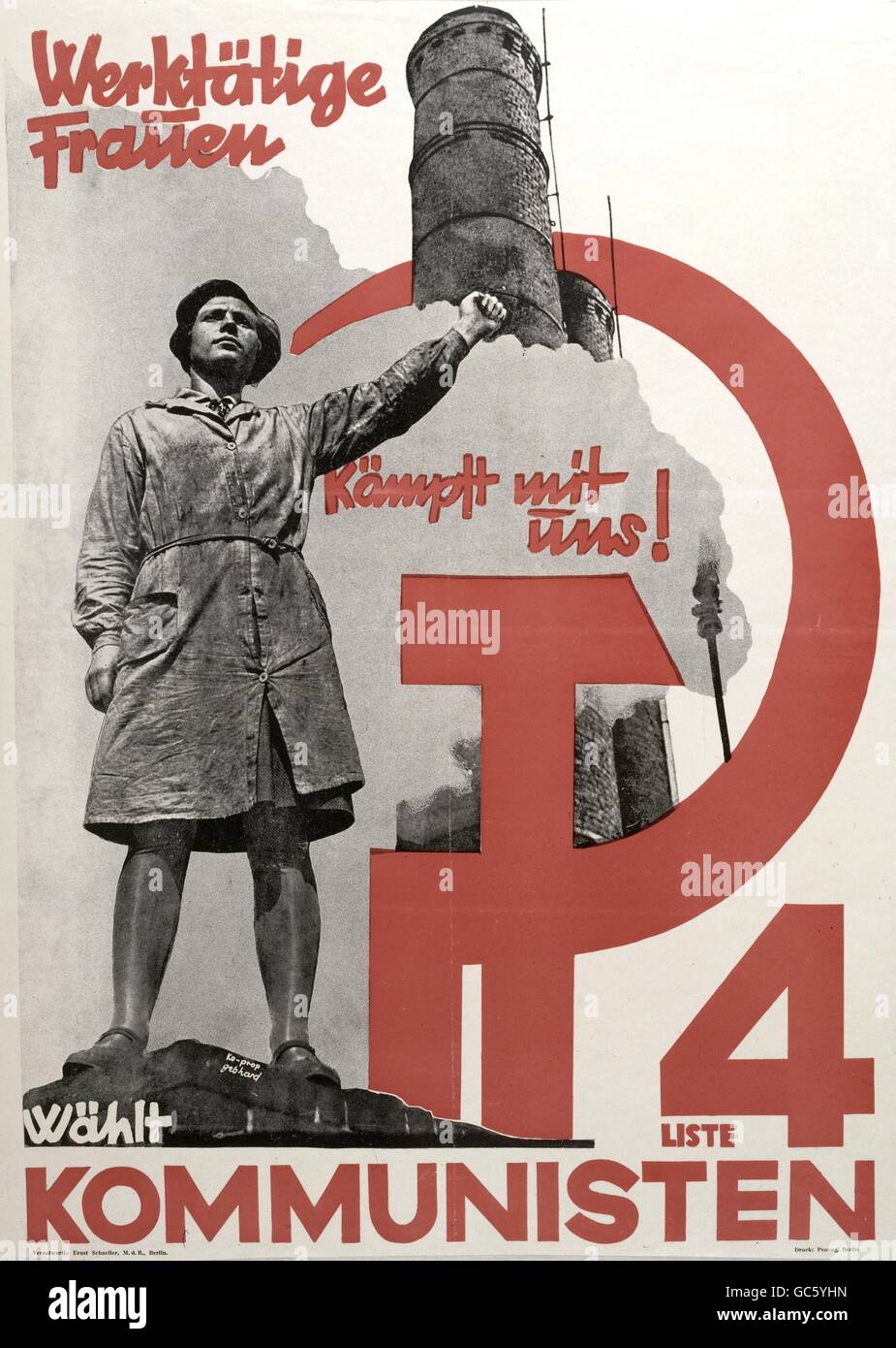 geography / travel, Germany, politics, political parties, Communist Party of Germany (KPD), poster, 'Werktaetige Frauen kaempft mit uns', draft by Max Gebhart (1906 - 1990), Berlin, circa 1930, Additional-Rights-Clearences-Not Available Stock Photo
