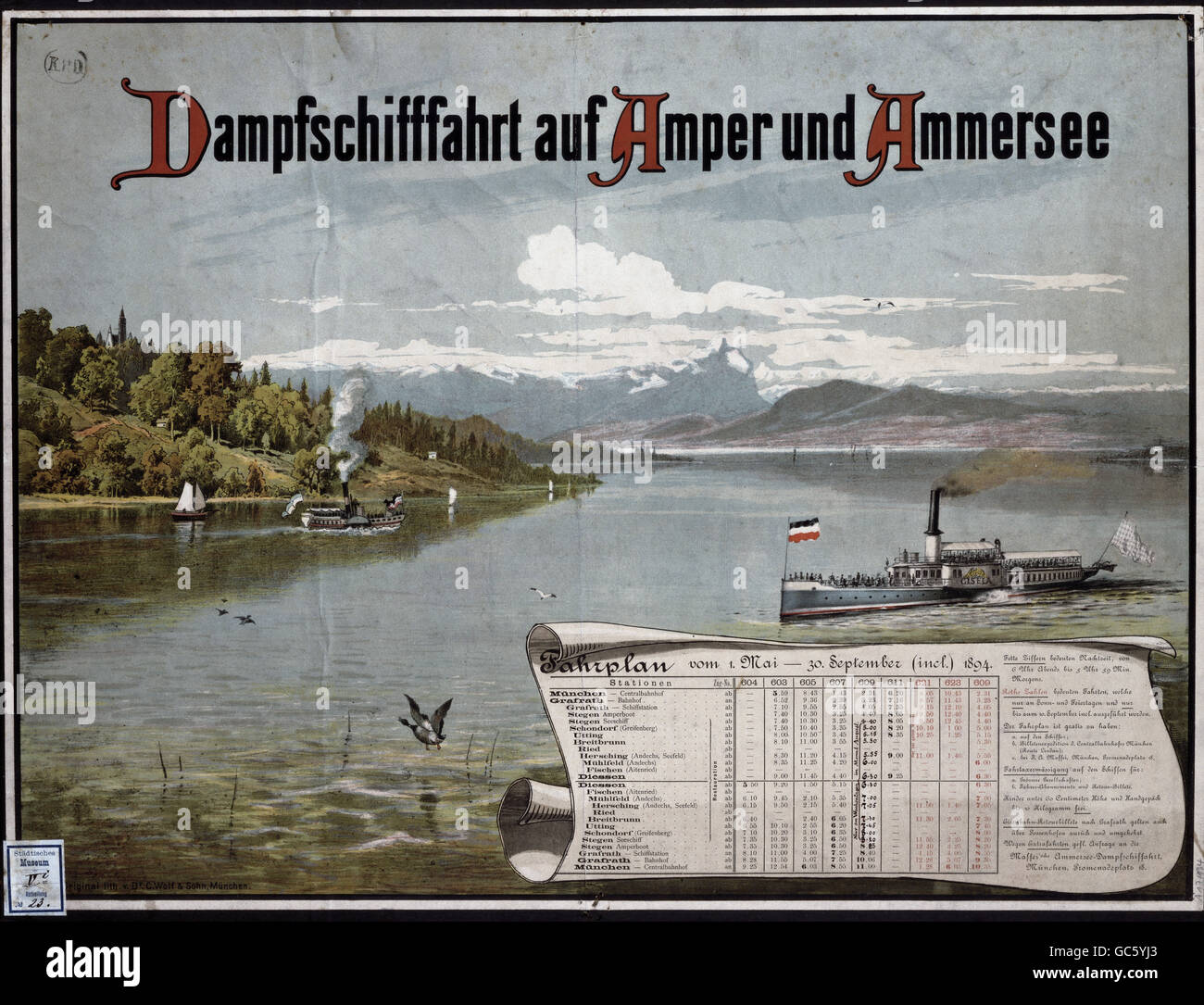 advertising, tourism, Germany, Bavaria, poster, 'Dampfschiffahrt auf dem Ammersee' (Steam navigation on Lake Ammer), with sailing list 1.5.1894 - 30.9.1894, lithograph, Wolf und Sohn, Munich, Munich City Museum, Additional-Rights-Clearences-Not Available Stock Photo