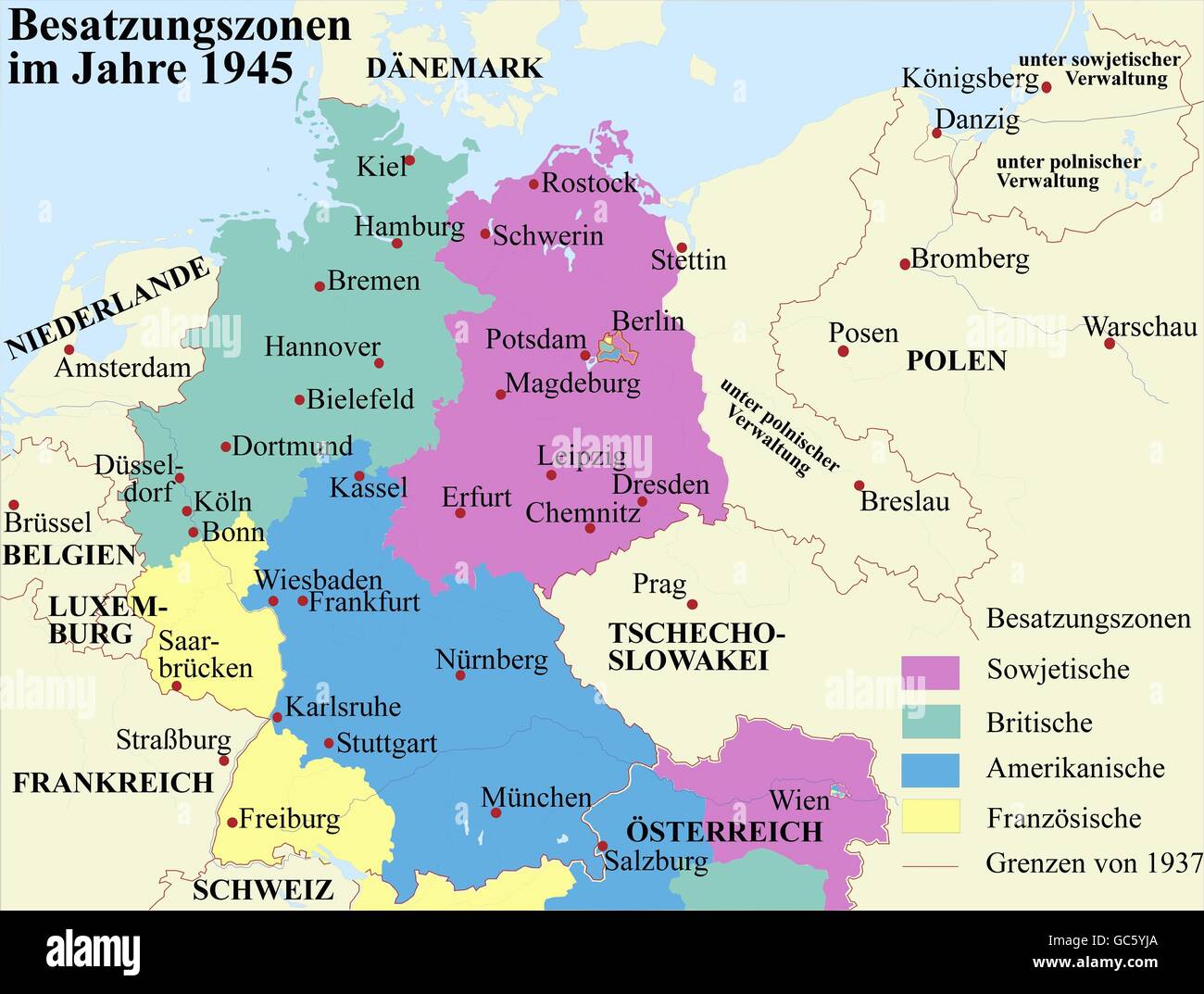 cartography, historical maps, modern times, Germany and Austria, zones of occupation, 1945, American, British, French, Soviet, zone, partition, division, postwar period, Second World War, WWII, border of 1937, Poland, Polish administration, Berlin, Europe, map, 1940s, 40s, 20th century, historic, historical, Additional-Rights-Clearences-Not Available Stock Photo