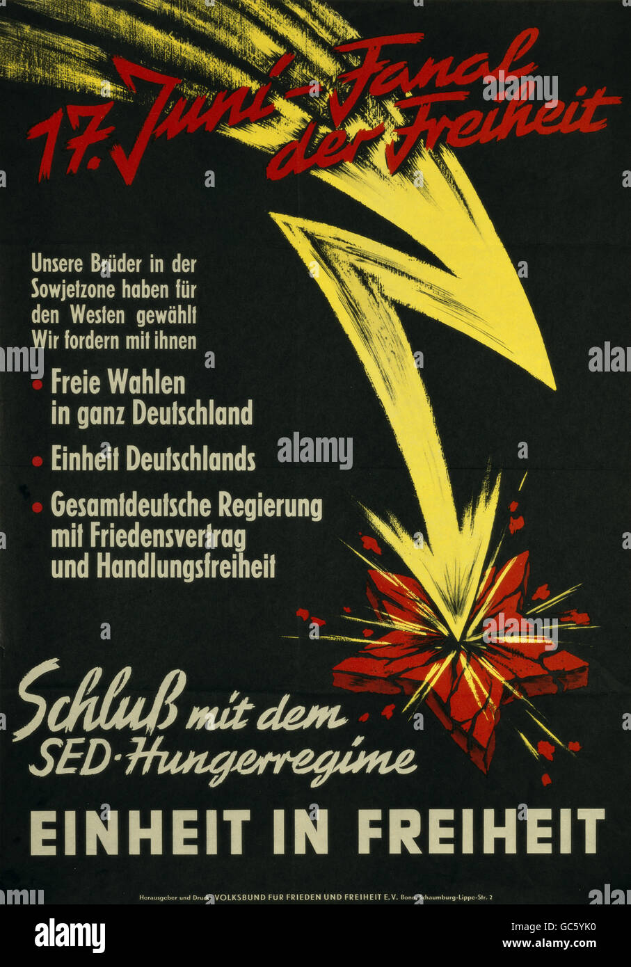 geography / travel, Germany, politics, Volksbund fuer Frieden und Freiheit (VFF), poster, '17th June - signal of freedom', Bonn, 1953, Additional-Rights-Clearences-Not Available Stock Photo
