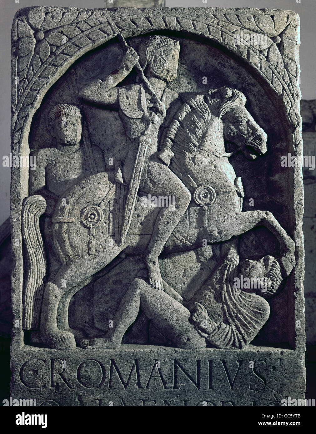 fine arts, ancient world, Roman Empire, sculpture, Roman cavalryman, relief, gravestone of the Romanius, middle of the 1st century AD, Mainz, Rhineland-Palatinate, Stock Photo