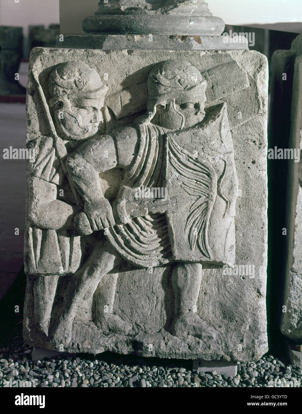 fine arts, ancient world, Roman Empire, sculpture, Roman legionnaire, relief, circa 100 AD, Middle Rhine Museum, Mainz, Rhineland-Palatinate, Stock Photo