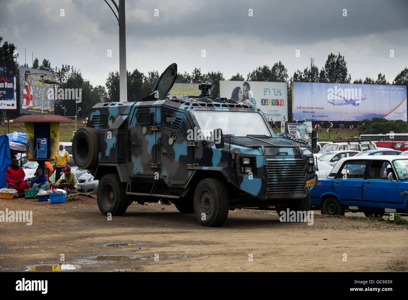An armored police truck sits ready in central Addis Ababa, Ethiopia Stock Photo