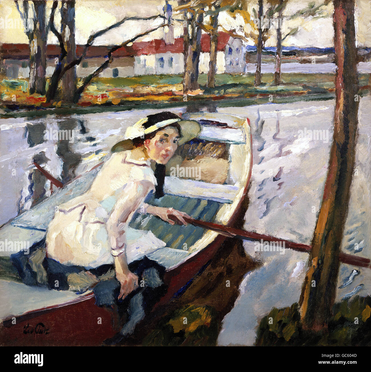 fine arts, Putz, Leo, (1869 - 1940), painting, "Ruderpause einer Dame im  Ruderboot", ("lady in rowing boat having a break"), oil on canvas, 60,5 cm  x 64,5 cm, Schüller gallery, Munich Stock Photo - Alamy