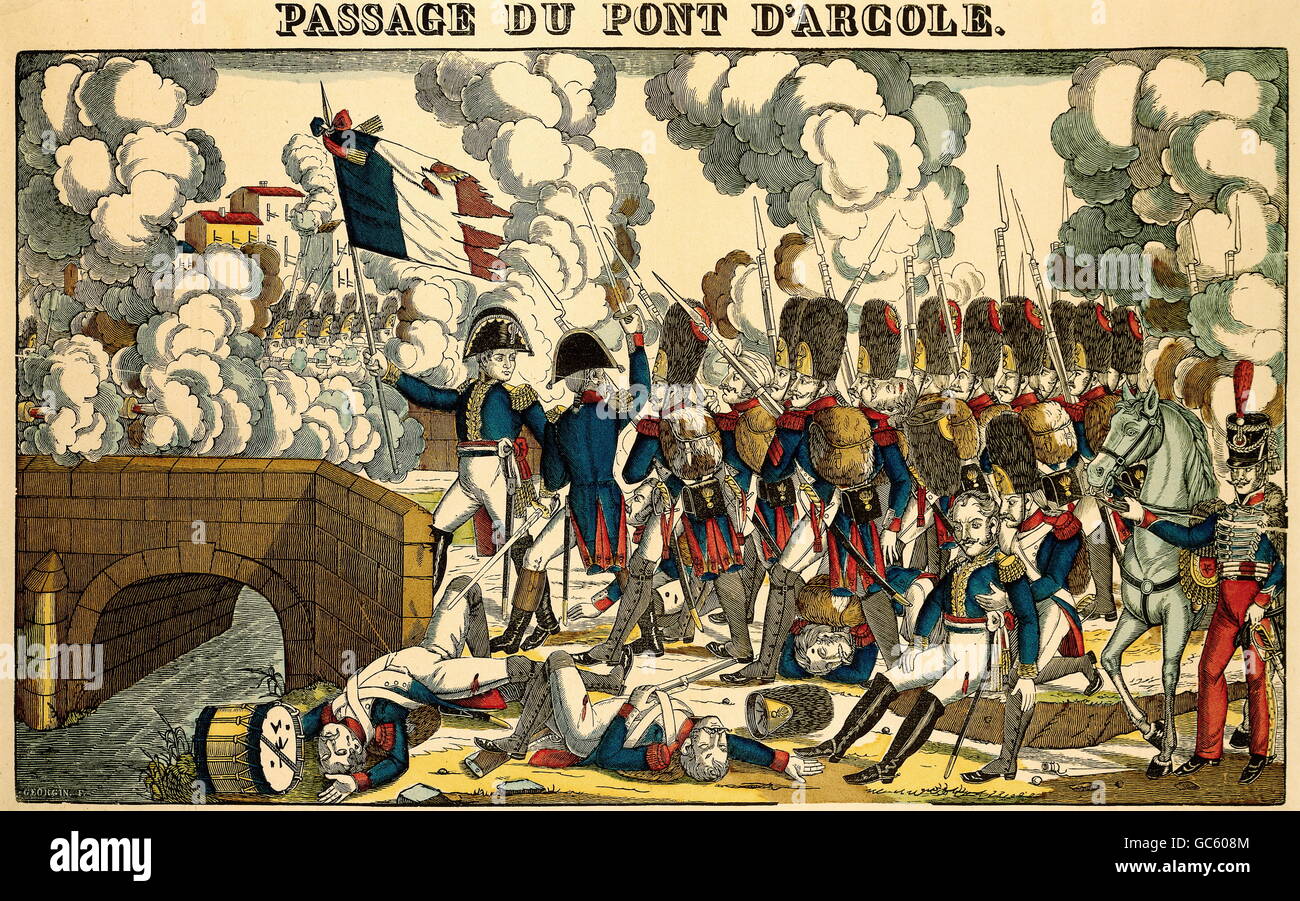 events, War of the First Coalition 1792 - 1797, Battle of Arcole 15.- 17.11.1796, general Napoleon Bonaparte on the bridge, French coloured woodcut, Pellerin, Epinal, circa 1830/1840, France, French Revolutionary Wars, Italy, Italian campaign, 18th century, historic, historical, flag, people, Additional-Rights-Clearences-Not Available Stock Photo