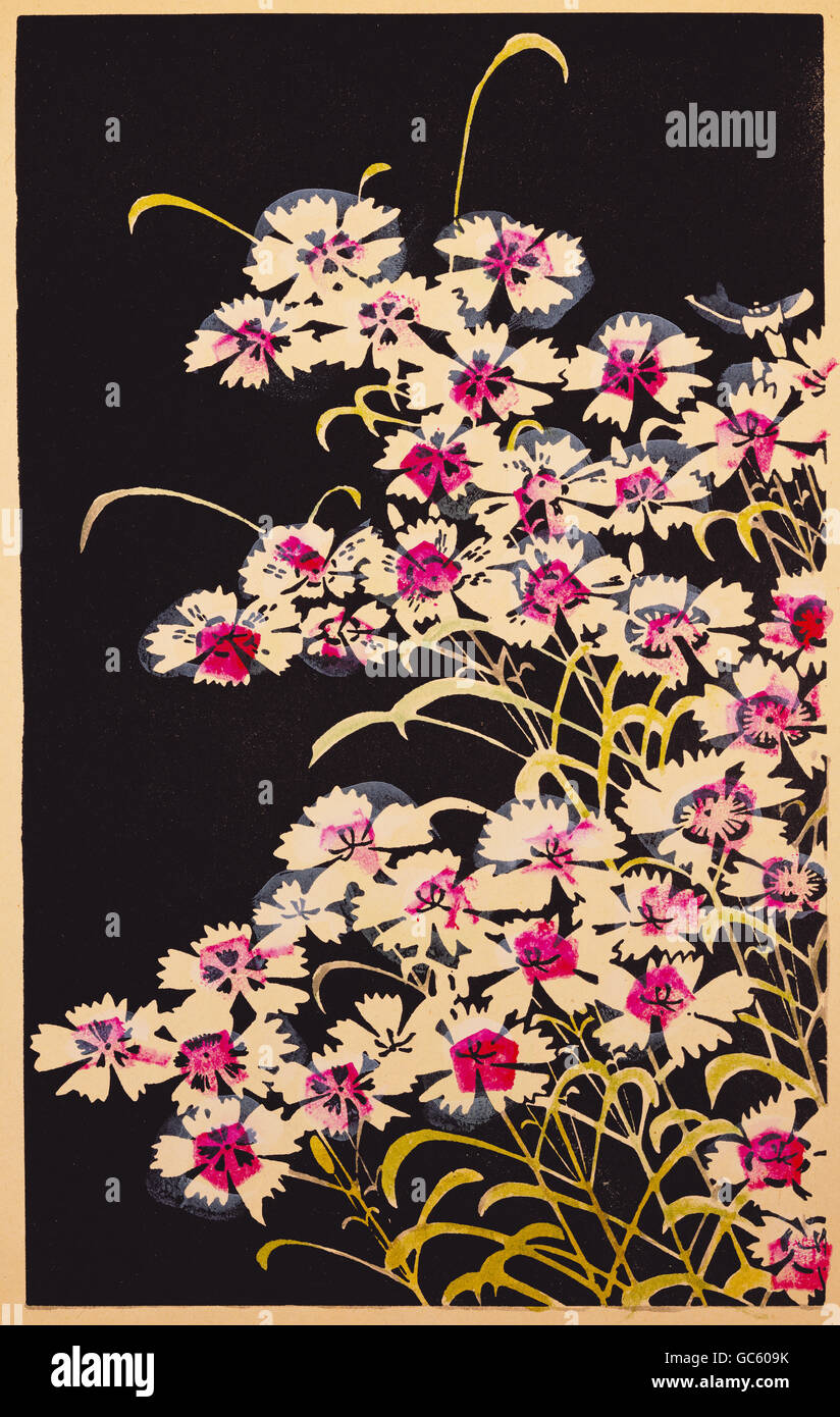 fine arts, prints, woodblock print, 'Pink Flowers', by Ito Jakuchu (1716 - 1800), from the album 'Gempo Yoka' (jasper flowers in the garden of miracles), Japan, 1768, 27.6 x 17.5 cm, private collection, Stock Photo