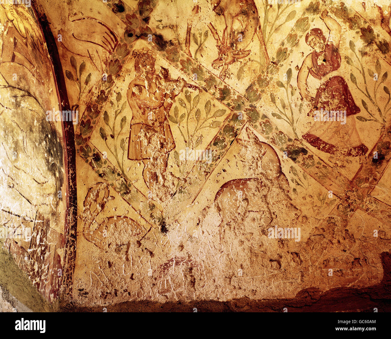 fine arts, Middle Ages, wall paintings, Jordan, desert castle Qasr Amra, fresco, circa 700 AD, Stock Photo