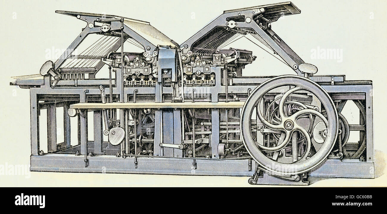 technics, printing technic, machines, Johannisberg double machine by Klein, Forst and Bohn descendants, Johannisberg on the Rhine, coloured wood engraving, 1875, Additional-Rights-Clearences-Not Available Stock Photo