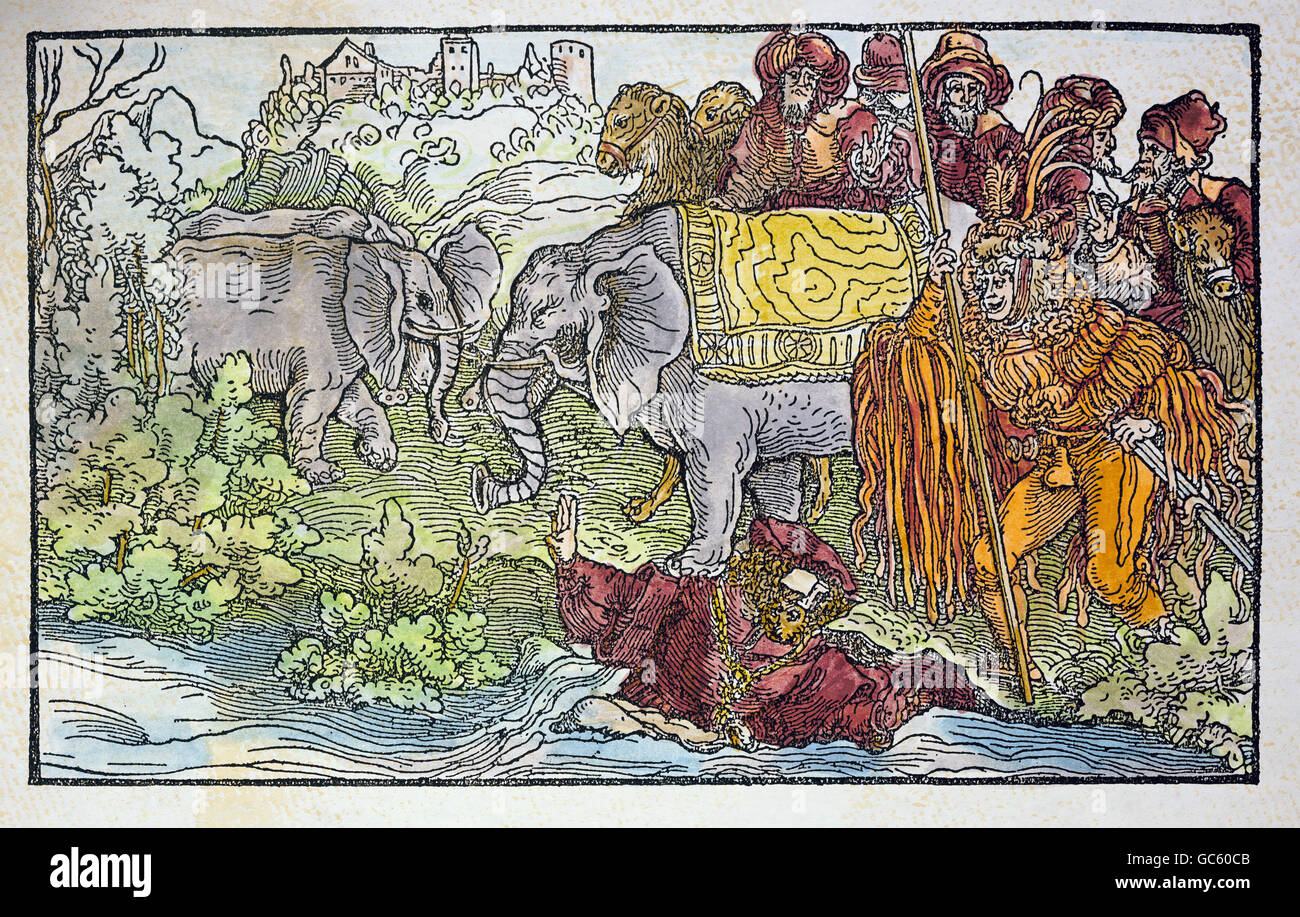 zoology / animals, elephant (elephantidae), woodcut to 'Trostspiegel' by Francesco Petrarca (1344/1366), print of the so called Petrarca master, Augsburg, Germany, after 1532, private collection, Additional-Rights-Clearences-Not Available Stock Photo