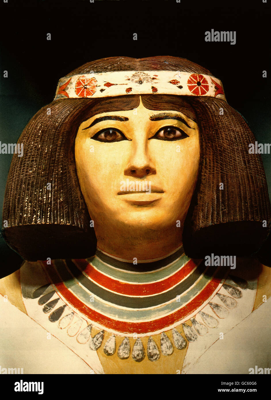 fine arts, Egypt, Old Kingdom, head of Princess Nofret, circa 2500 BC, 4th Dynasty, tomb of Prince Rahotep, limestone, painted, Egyptian Museum, Cairo, Stock Photo