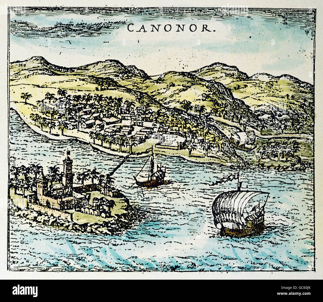 geography / travel, India, Kannur, city views / cityscapes, colour engraving, France, second half 16th century, private collection, historic, historical, Asia, view, cityscape, Cannanore, Cananor, ancient Portugese branch office, founded 1502 by navigator and explorer Vasco da Gama (1469 - 1524), people, Additional-Rights-Clearences-Not Available Stock Photo