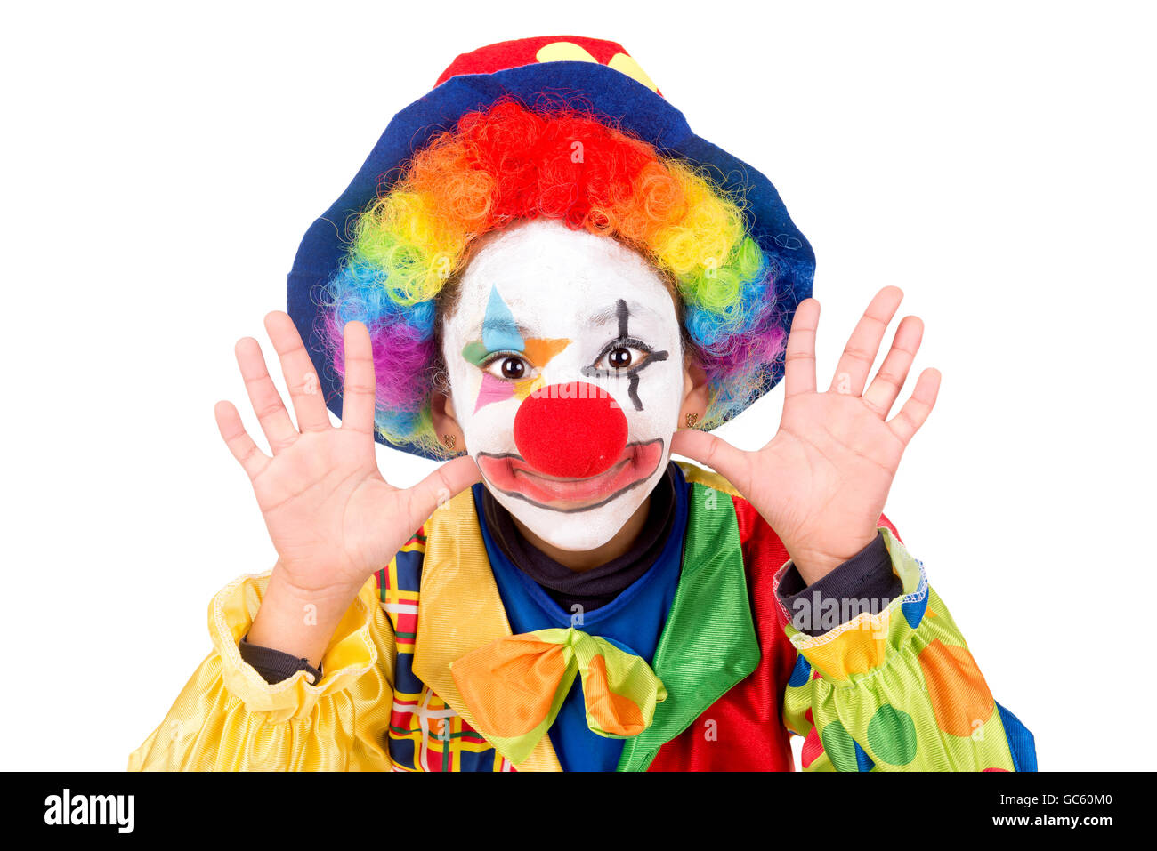Young girl with clown costume isolated in white Stock Photo Alamy