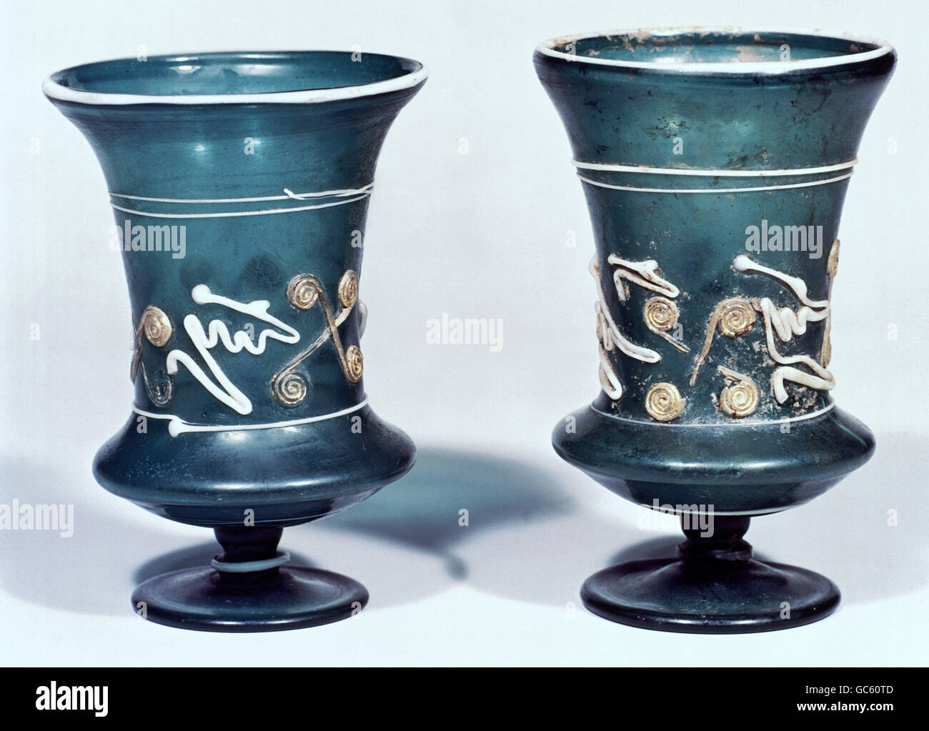 fine arts, ancient world, Roman Empire, craft / handcraft, cups, 2nd century AD, green glass, thread ornament, Romano-Germanic Museum, Cologne, Germany, Stock Photo