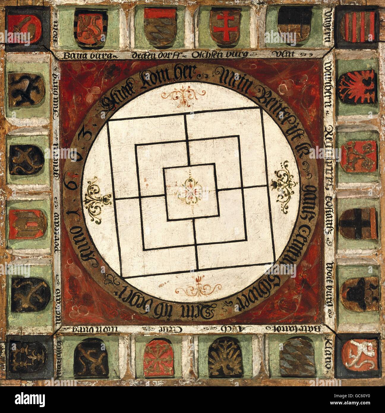 game, board games, Nine Men's Morris, gameboard, wood, South Germany, circa 1500, painting cira 1603, Bavarian National Museum, Munich, coat of arms, middle ages, 15th/16th century, historic, historical, medieval, Additional-Rights-Clearences-Not Available Stock Photo