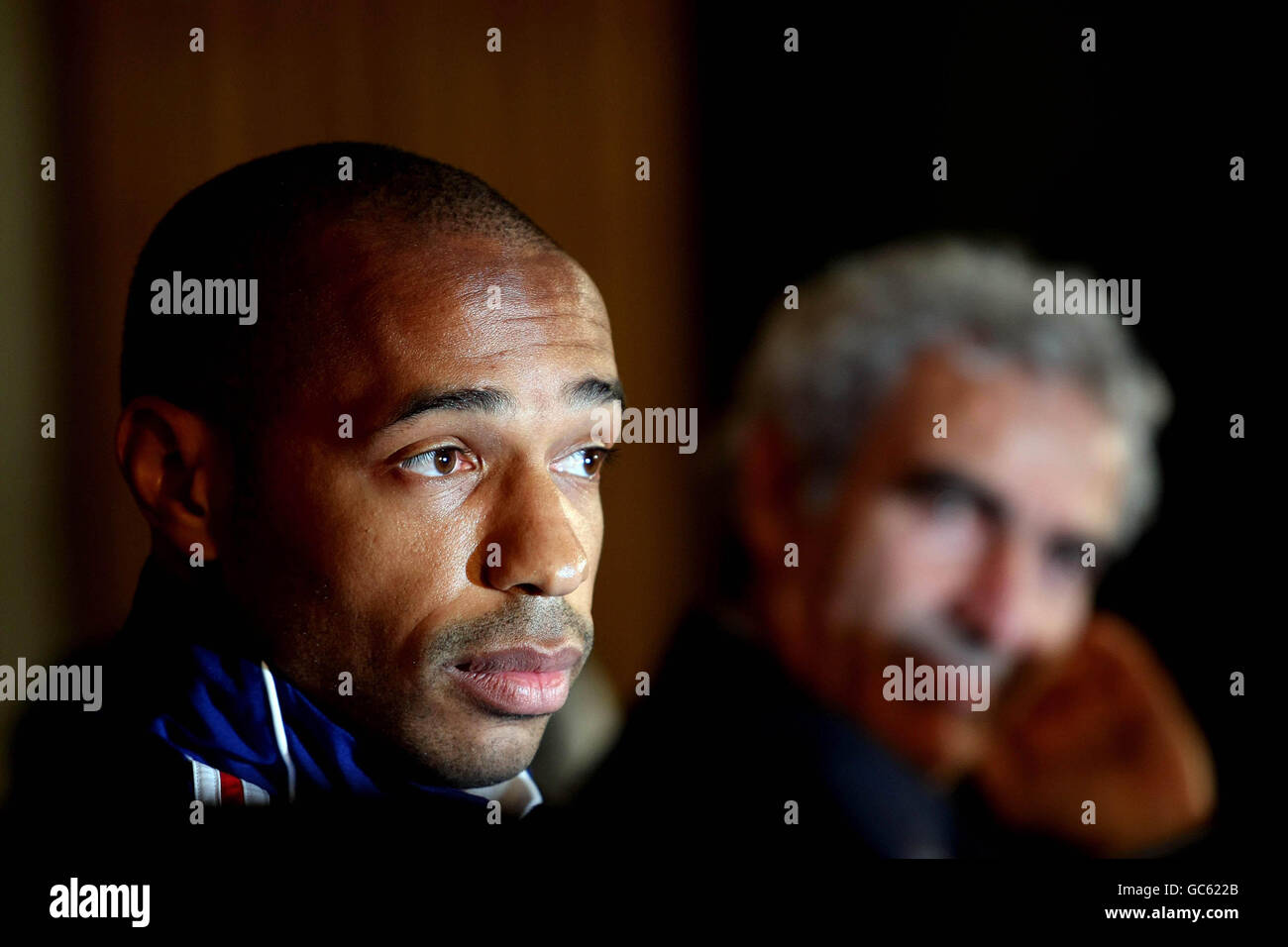 France Manager Raymond Domenech (right) and captain Thierry Henry (left) during a Press Conference at the Radisson Airport Hotel, Dublin. Stock Photo