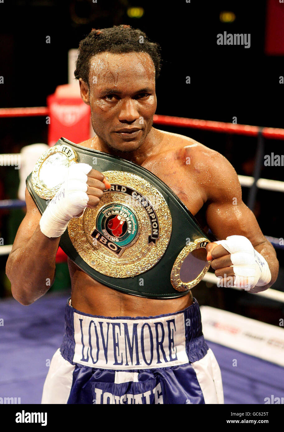 Lovemore N'Dou with his IBO Welterweight belt after his draw with Matthew Hatton in their IBO Welterweight Title fight at the Fenton Manor Sports Complex, Stoke on Trent. Stock Photo