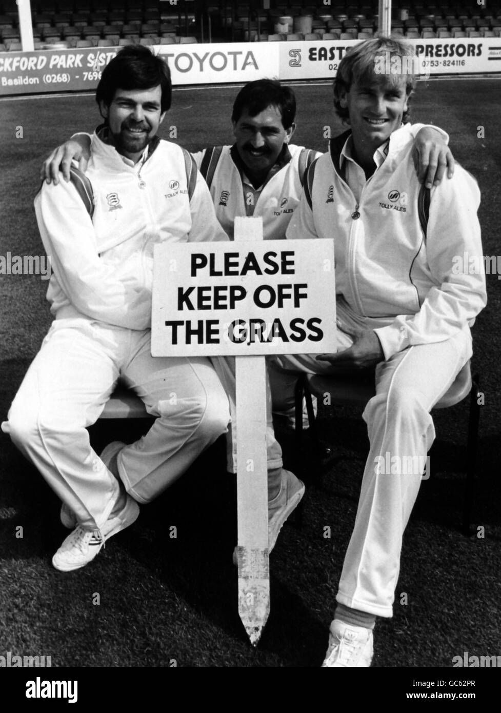 Only the privieged are allowed to ignore the groundsman's sign as team captain Graham Gooch welcomes two new players to the team, left- bowler Geoff Miller from Derbyshire, and all rounder Hugh Page from South Africa Stock Photo