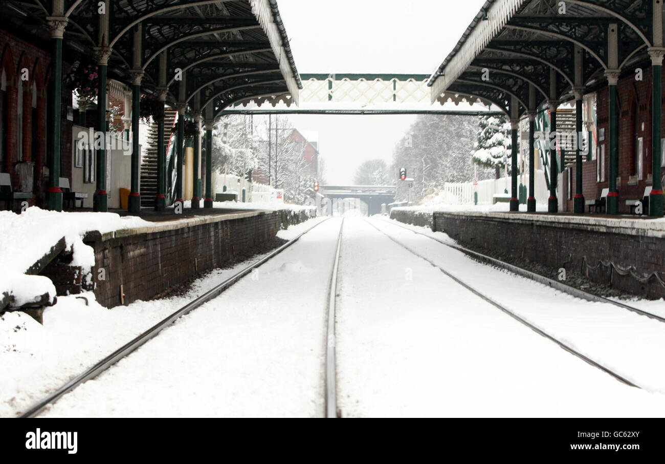 Winter weather. Hale railway line covered in snow, as Arctic conditions