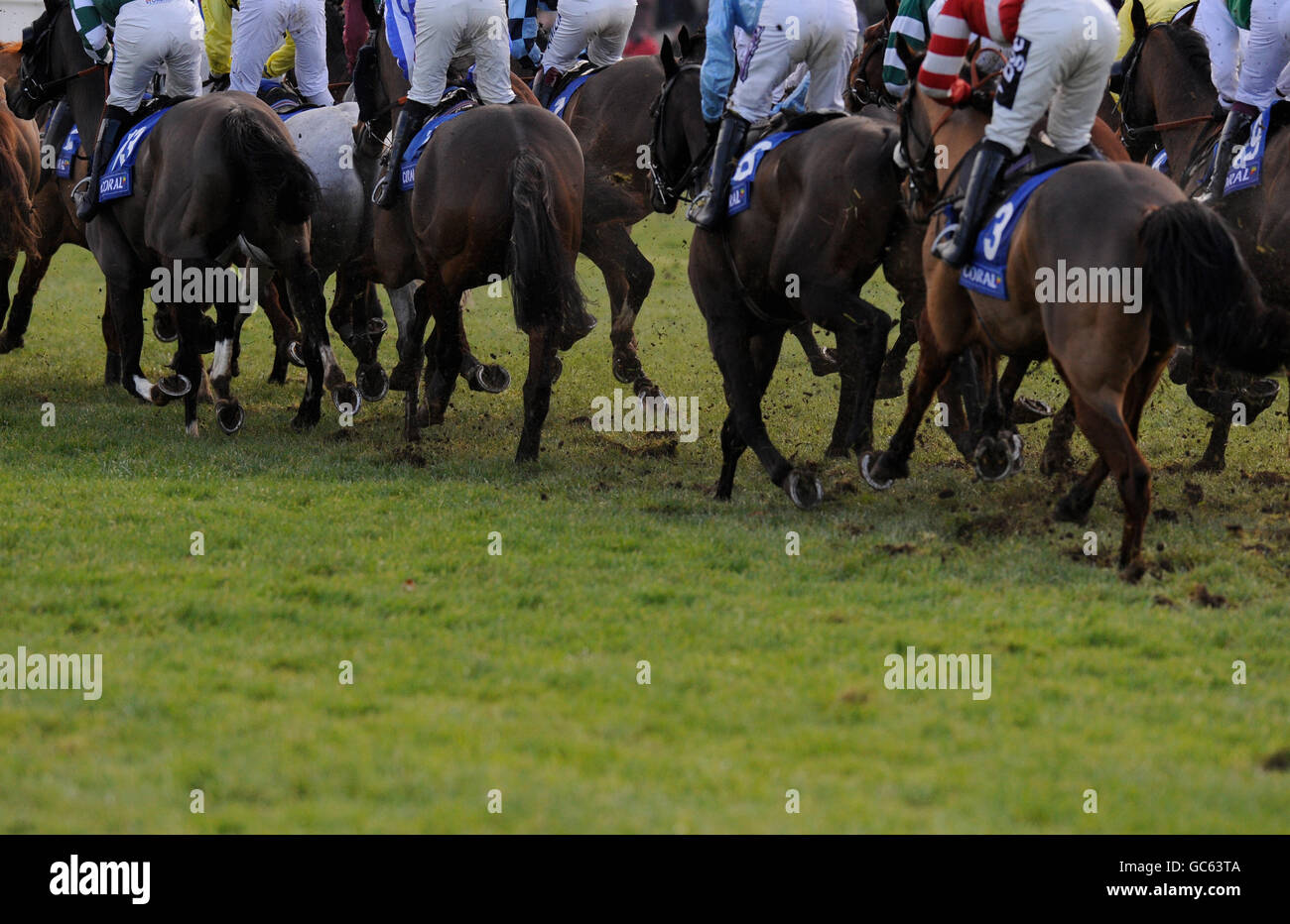 Horse Racing - The Coral Welsh National - Chepstow Racecourse. General view of runners and riders in The Coral Welsh National Stock Photo