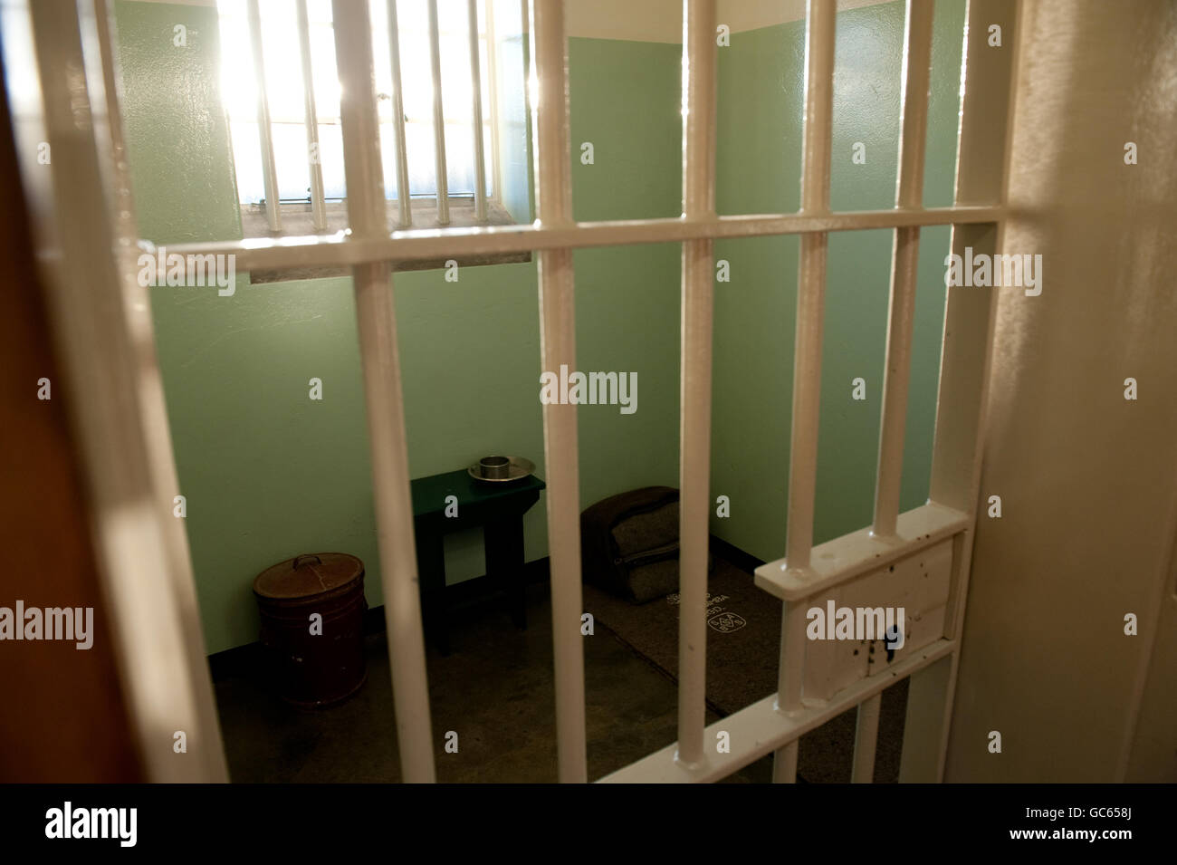 Nelson Mandela's cell at Robben Island Prison, Cape Town, South Africa. Stock Photo