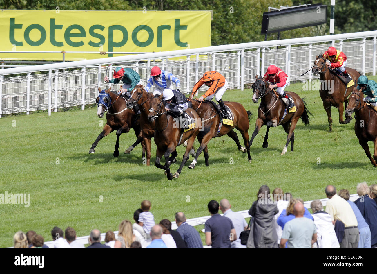 Action from the totescoop6 Stakes as Golden Desert ridden by Ryan Moore leads at Goodwood Racecourse Stock Photo