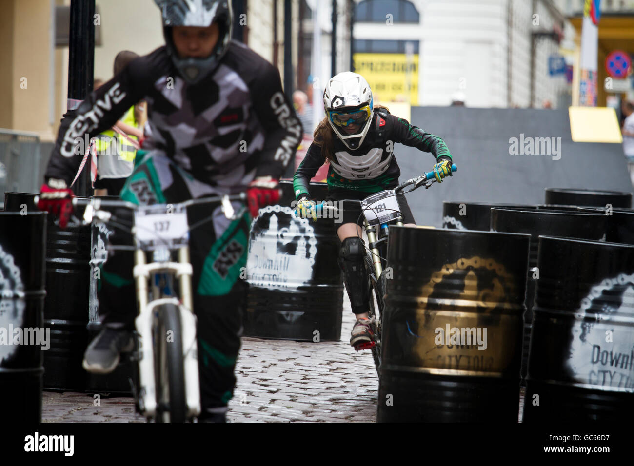 Downhill city tour. Mountain bike race on streets of Cieszyn. Poland