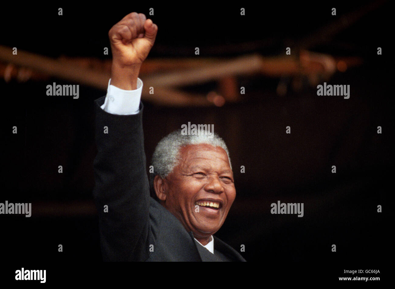 ANC President, Nelson Mandela, acknowledges the crowd at a rally in ...