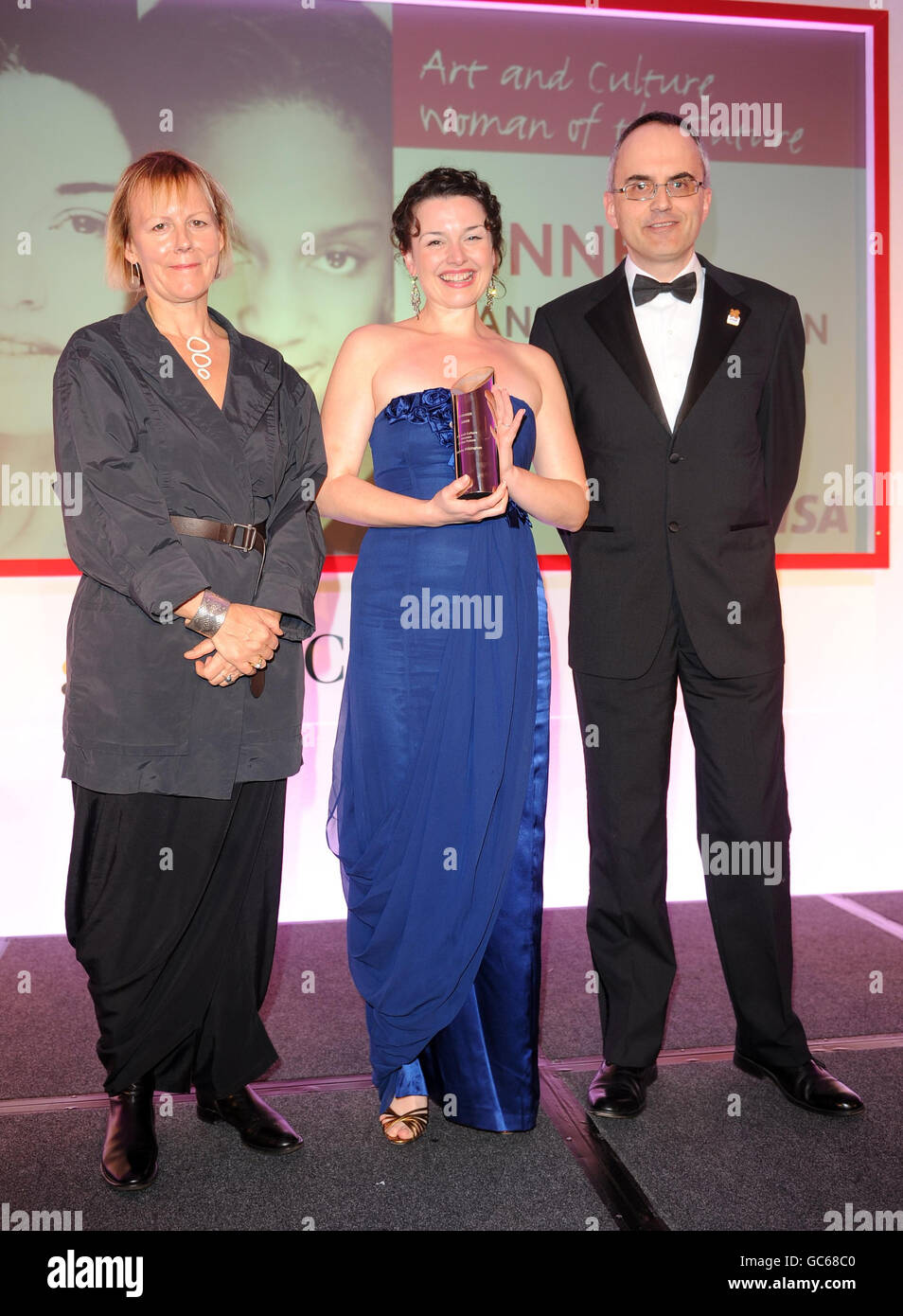 Dianne Pilkington, 34, (centre) who is currently playing one of the lead roles in 'Wicked' is awarded Art and Culture Woman of the Future by Phyllida Lloyd (left) and David Harrison (right) at the Women of the Future event at the Marriott Hotel, London. Stock Photo
