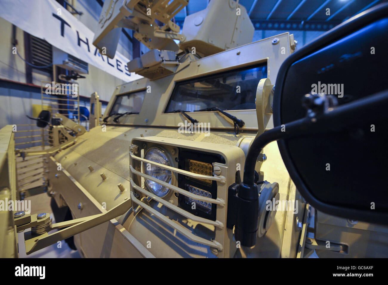 The new Warthog military tracked vehicle inside a hanger at the Thales