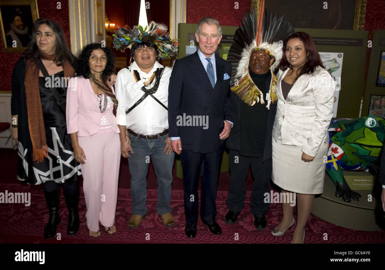 The Prince of Wales meets with Chief Almir Surui (third left) and Chief Tashka Yawanawa (second right) from the Brazilian rainforests at a meeting of the Prince's Rainforests Project, at St James's Palace, London. Stock Photo