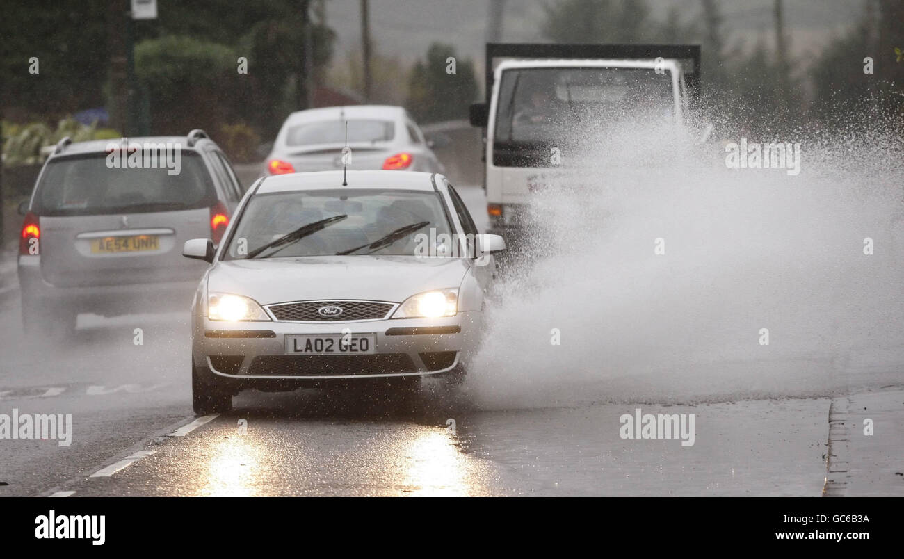 A flooded road near Plean in Scotland after Plean Primary School was shut flowing bad weather. Stock Photo