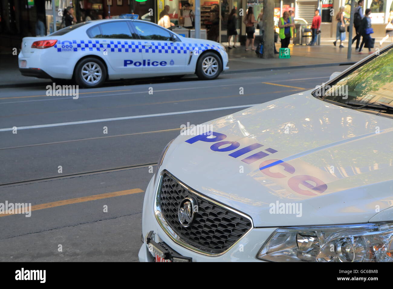 Australian police cars park in downtown Melbourne. Stock Photo