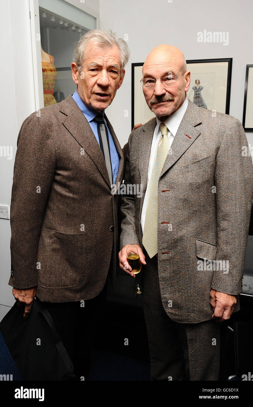 Sir Ian McKellen (left) and Patrick Stewart attend a pre-lunch reception for the Evening Standard Theatre Awards at the Royal Opera House in Covent Garden, London. Stock Photo