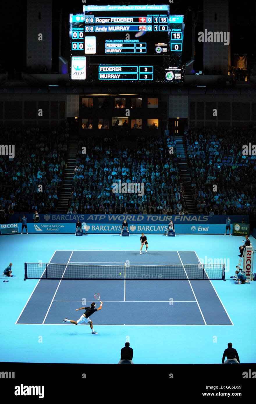A general view of the o2 Arena as Switzerland's Roger Federer competes