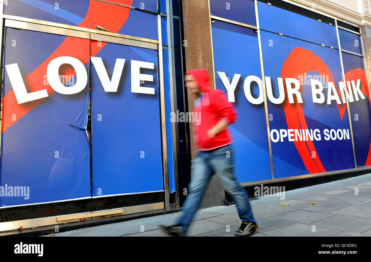 New bank opening. A bank advertises its opening in Holborn