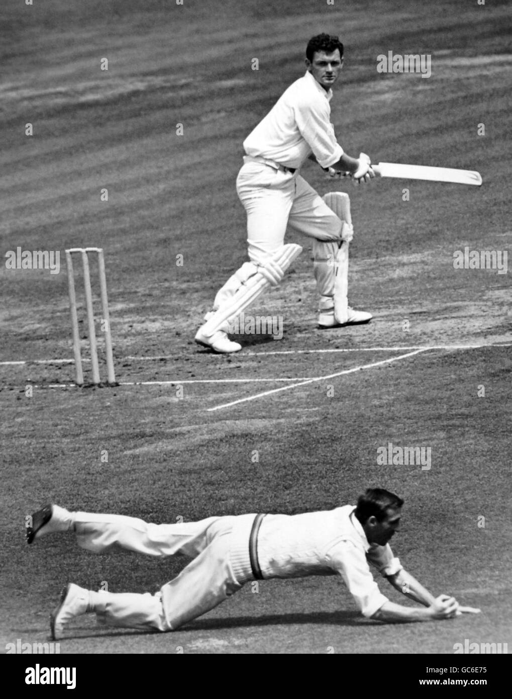 Cricket - Middlesex v Northamptonshire County Championship 1966 - Venue Lord's Cricket Ground, St John's Wood. R.M.Prideaux of Northants cuts a ball from R.W.Hooker of Middlesex but Parfitt goes full length to stop it. Stock Photo