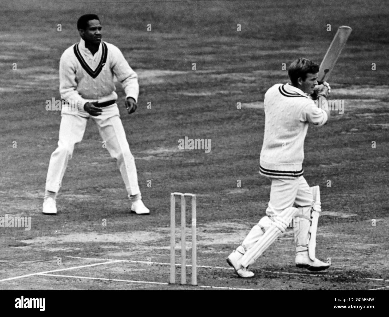 M.C.C. batsman Dennis Leslie Amiss drives the ball for 4. Stock Photo