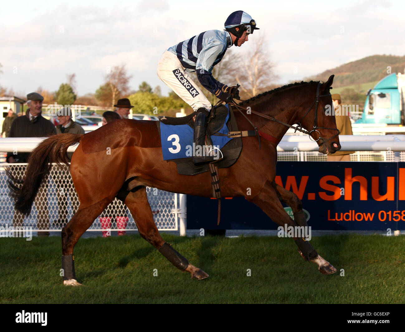Horse Racing, Ludlow Racecourse. Just Smudge ridden by Aidan Coleman goes to post Stock Photo