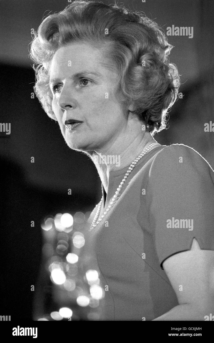 Leader of the Opposition, Margaret Thatcher, speaking at Kensington Town Hall to a Conservative rally of Kensington and neighbouring constituencies. Her speech condemned the Labour Party for putting defence spending at the bottom of the list and under-estimating the determination of the Russians to dominate the world. Stock Photo