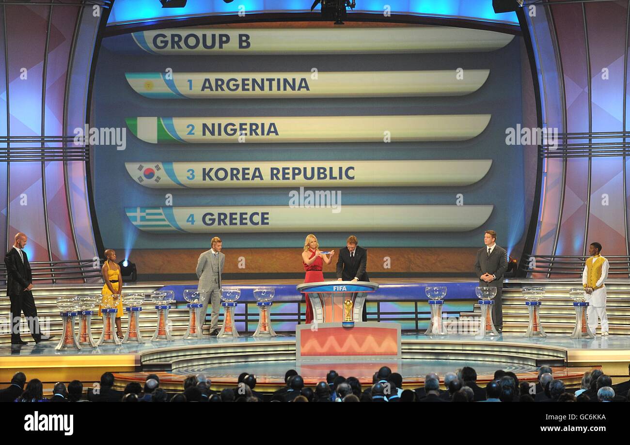 Group B, containing Argentina, Nigeria, Korea Republic and Greece is shown on the large TV Screen during the 2010 FIFA World Cup Draw at the Cape Town International Convention Centre, Cape Town, South Africa. Stock Photo