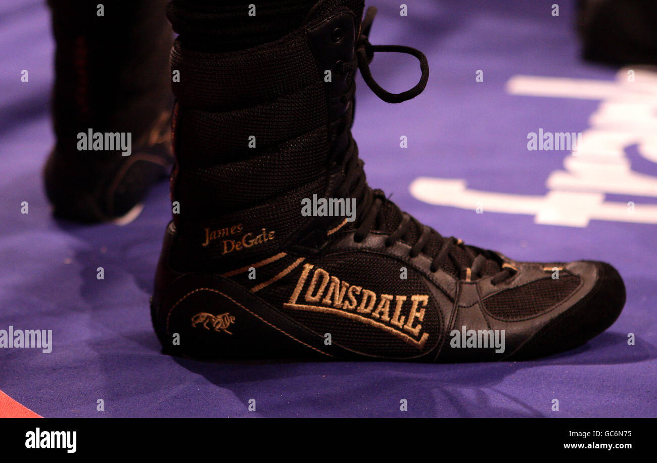 Close up view of james degales lonsdale boots hi res stock