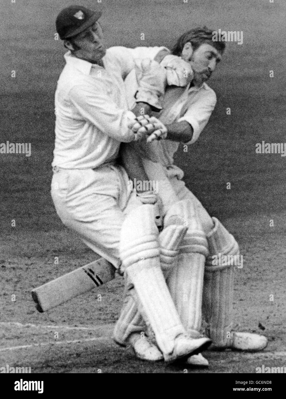 Cricket - John Player League 1971 - Middlesex v Gloucestershire - Lord's Cricket Ground. P.H.Parfitt collides with B.J.Meyer. Stock Photo