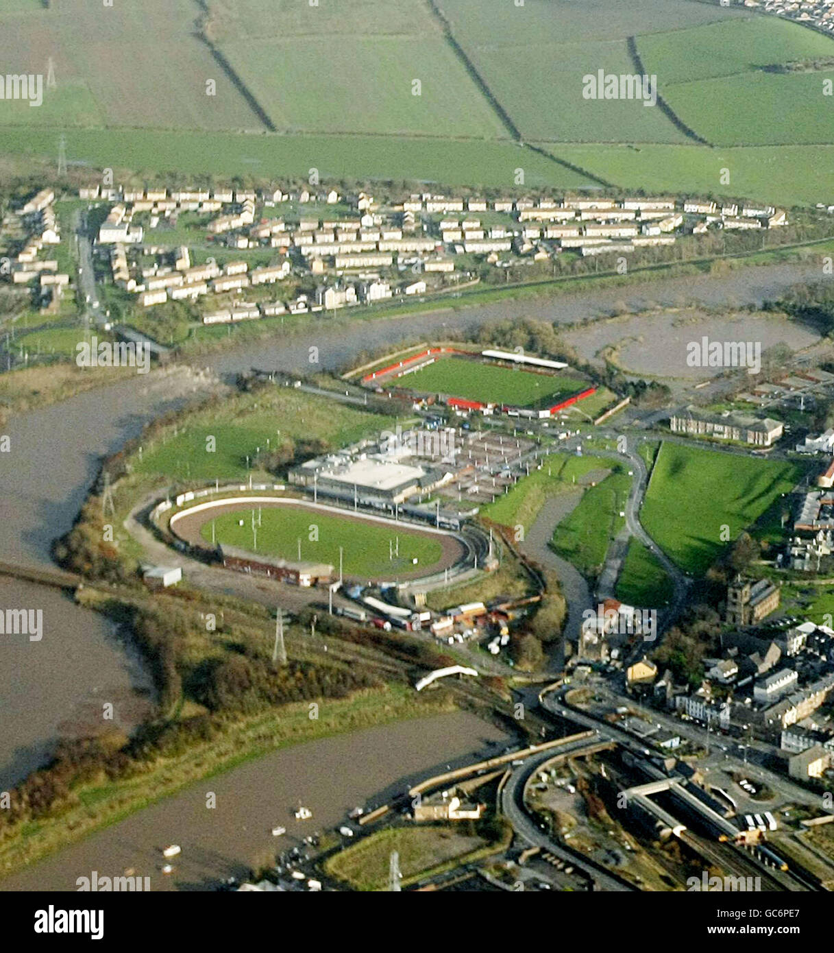 An aerial view of the Workington area showing the destroyed Northside bridge as floods submerged large parts of Cumbria. Stock Photo