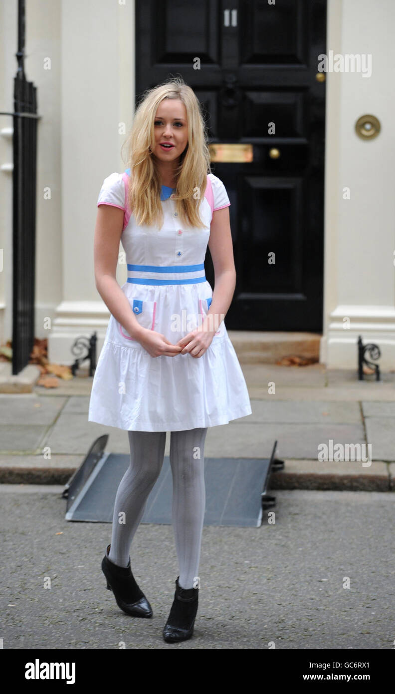 X Factor and West End performer Diana Vickers arrives at No11 Downing Street for the 10th Anniversary Gold Diana Awards in London, where she presented awards to young people who have had an impact on society in the UK. Stock Photo