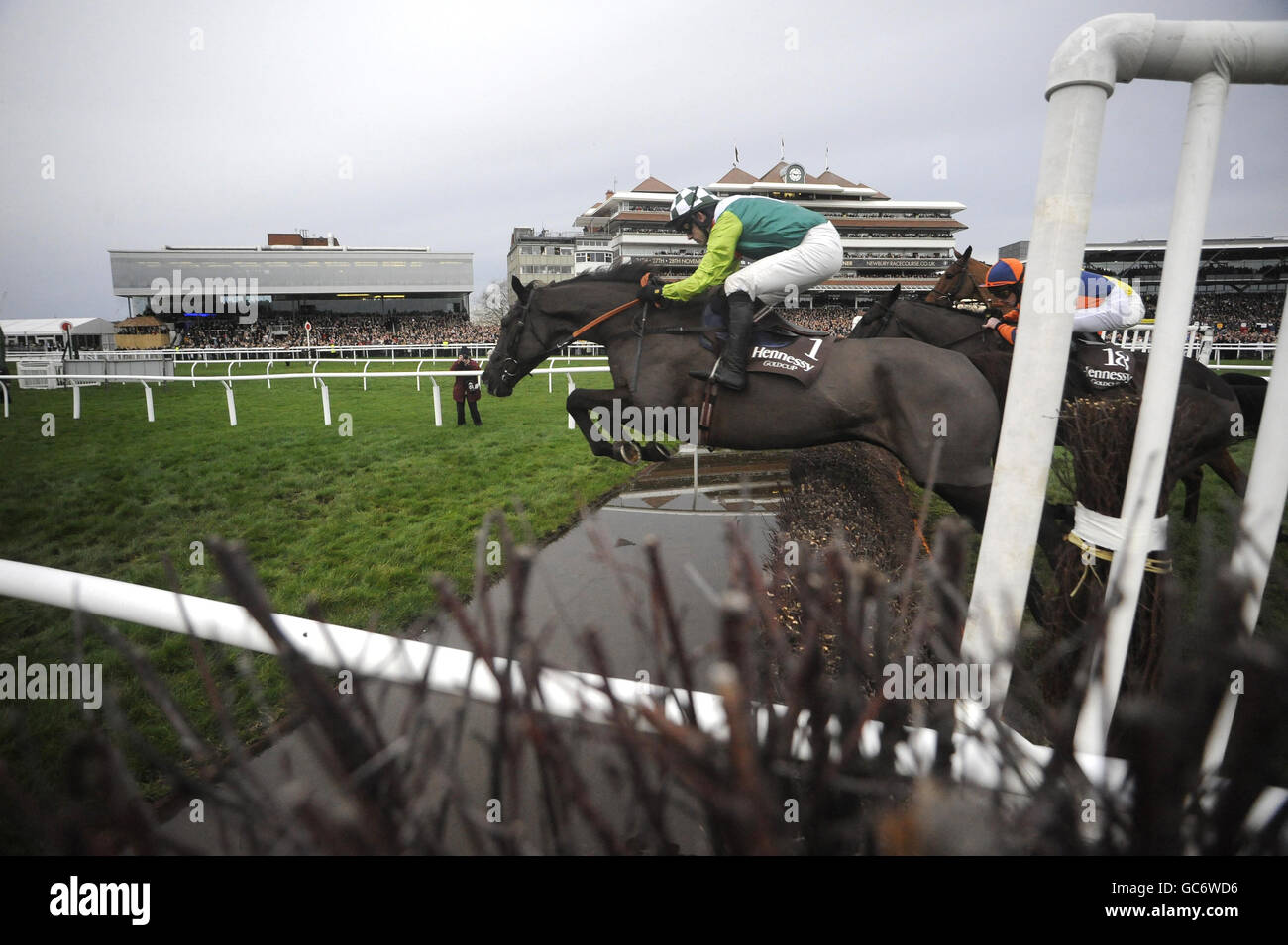 Denman ridden by Ruby Walsh take the water jump on their way to victory in The Hennessy Gold Cup during the Hennessy Gold Cup Day at Newbury Racecourse, Berkshire. Stock Photo