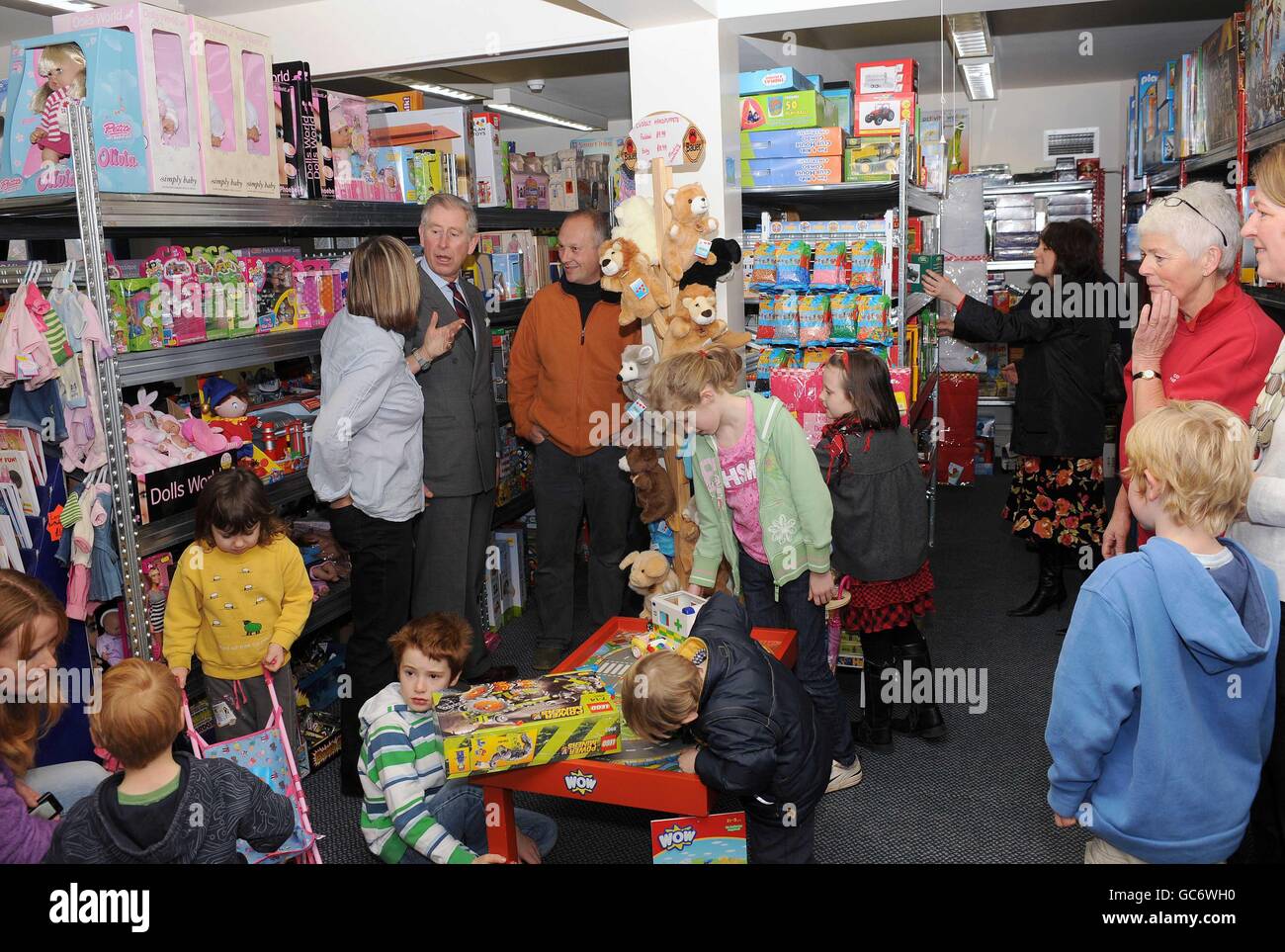 The Prince of Wales in the temporary home of the toy shop in